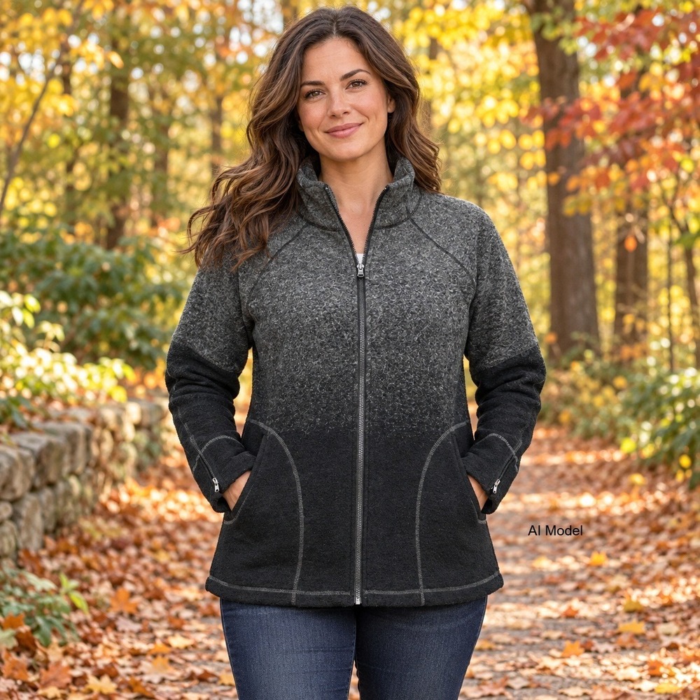 Cozy Wool Blend Zip Jacket Black Gray Womens Large Outdoor Layer Akini